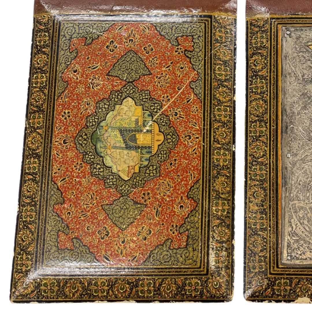 A Qajar Book Binding with lacquer decoration and finely engraved silver frontispiece, circa 1880 - Image 4 of 4