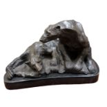 Patinated Hollow Cast Bronze, Two Bears on a Rock