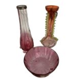 Cranberry Glass Items: Vase with Everted Rim and Applied Green Panels, Circa 1900