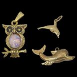2x 9ct Gold Dolphin Charms To Include a Yellow Metal Owl, 2.1g