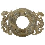 Carved Green Jade Disc with Dragon Handles