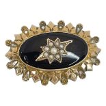 Victorian 9ct Yellow Gold Seed Pearl and Black Onyx Brooch, 7g