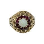 9ct Gold Ruby and Opal Cluster Ring, 4.6 grams