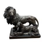 After Antoine Louis Barye, Patinated Hollow Cast Bronze of Lion and Lioness