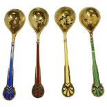 Set of 4 Silver Danish Gilt and Guilloche Enamel Cruet Spoons