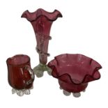 Cranberry Glass Items: Flared Vase with Trailing Applied Flared Foot.