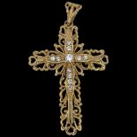 Heavy 9ct Gold and Clear Stone Pierced Cross Pendant, 10.3g