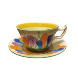 A Clarice Cliff Teacup and Saucer, Athens Shape in Autumn Crocus