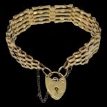 9ct Gold and Heart Padlock Five Bar Gate Bracelet With Safety Chain, 10.8 Grams