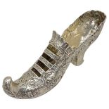 Large Novelty Silver Shoe. 118 g. Dutch with London Import Marks for 1896, William Moering