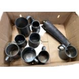 Box of Eight Pewter Tankards and a Leather Pouch with Flask