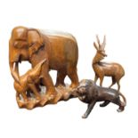 Three Carved Wooden Animals Comprising Elephant, Lion and Gazelle