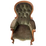 Victorian Mahogany Nursing Chair in Green Upholstery