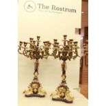 A Pair of Bronze Mounted Cluster Candelabra in the Blue Sevres Porcelain Style