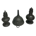 Three Items of Pewter Ware Comprising Pounce Pot, Pepper and Funnel