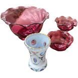 Three Cranberry Glass Bowls together with a French Overlaid Glass Vase