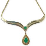 Good Quality Bespoke Made 18 ct Gold Necklace with Emeralds and Diamonds.