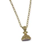 18 ct Gold Armourial Amethyst Fob with 9ct Gold Chain. 25 g in all.