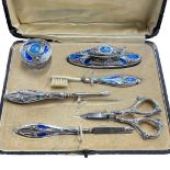 Cased Silver and Blue/Green Blush Enamel Dressing and Manicure Set. Birmingham 1909, Steinhart & Co.