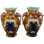 A Pair of French Majolica Style Twin Handled Vases