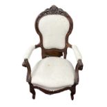 Pair Victorian Mahogany Open Armchairs, Carved Rail, Upholstered Seats and Backs, Scrolled Arms