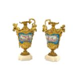 PAIR OF SEVRES STYLE JEWELLED PORCELAIN AND GILT METAL EWER VASES, 19TH CENTURY