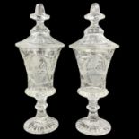 A FINE PAIR OF BOHEMIAN CUT AND ETCHED LIDDED GLASS VASES, LATE 19TH/EARLY 20TH CENTURY