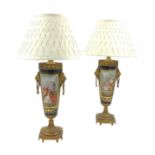 PAIR OF SEVRES STYLE AND ORMOLU FRENCH HAND-PAINTED PORCELAIN TABLE LAMPS