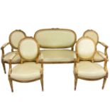 A 19TH CENTURY FRENCH LOUIS XVI STYLE GILT-WOOD FIVE-PIECE SALON SUITE