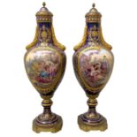 A FINE LARGE FRENCH SEVRES STYLE PORCELAIN VASES DECORATED WITH GALLANT SCENES