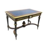 A VICTORIAN AMBOYNA WOOD AND EBONISED WRITING DESK WITH SEVRES STYLE PORCELAIN PLAQUES