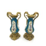 PAIR OF SKY BLUE ORMOLU AND SEVRES STYLE PORCELAIN VASES