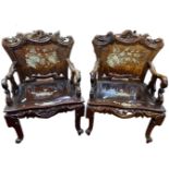 A Pair of Chinoiserie Inlaid Carved Open Hardwood Armchairs