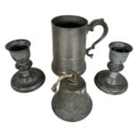 Assorted Antique Metalwares- 1869 Tankard, 19th Century Bell & Pair Candlesticks