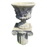 Pair of Large Stone Garden Urns and Pedastal Bases