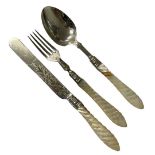 3 Piece Silver & Mother of Pearl Christening Cutlery Set. Birmingham 1876, Hillard & Thomason