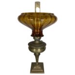 Complete Late Victorian Brass Oil Lamp with Brown Glass Shade 52cm