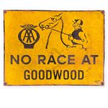 'No Race at Goodwood' c1955 Enamel Metal AA Road Sign. 60 x 45 cm