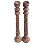 Large Pair Carved Wooden Candle Holders 88 cm high