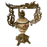 Antique Brass & Porcelain Oil Burner Lamp 49cm
