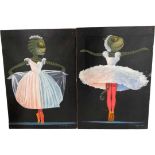 Pair of Framed Acryllics on Canvas of Insects as Ballerinas by Pablo Morfa, Cuban