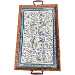 An Oak Framed Glass Topped Tray with Brass Handles and Oriental Print