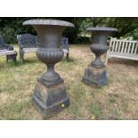 Large Pair of 19th Century Cast Iron Urns & Pedestal Bases 110cm