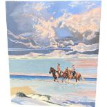 Modern Oil on Board. Michael Morley, Man and Woman on Horseback at Sunrise on Beach