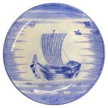 Large Blue and White Early 20th Century Charger with a Viking Boat