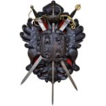 Large Hand Carved Wooden Toledo Spain Coat of Arms with 3 Steel Swords 95 x 72cm