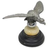 Silvered Eagle Car Mascot Mounted on Wood and Alabaster Base