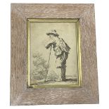 An 18th Century Print depicting a man carrying a satchel resting on his stick. In a limed oak frame