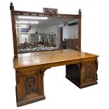 A Large Late 19th Century Oak, Mirror Backed, Twin Pedestal Sideboard