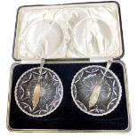 Pair of Silver Butter Knifes and Crystal Bowls in presentation box - Birmingham Hallmark